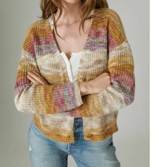 Lucky Brand Sweaters - Lucky Brand V-Neck Button Cardigan Womens Large Multi Marl Ombre Stripe Topper